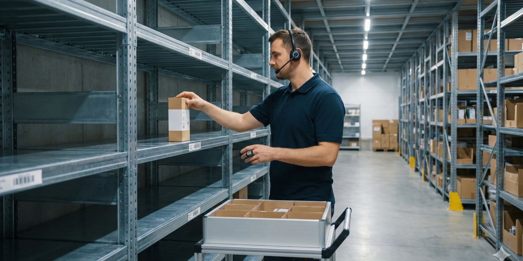 A warehouse worker in a shelving warehouse performs manual pick-by-piece, supported by a pick-by-voice headset and a finger scanner for efficient work.